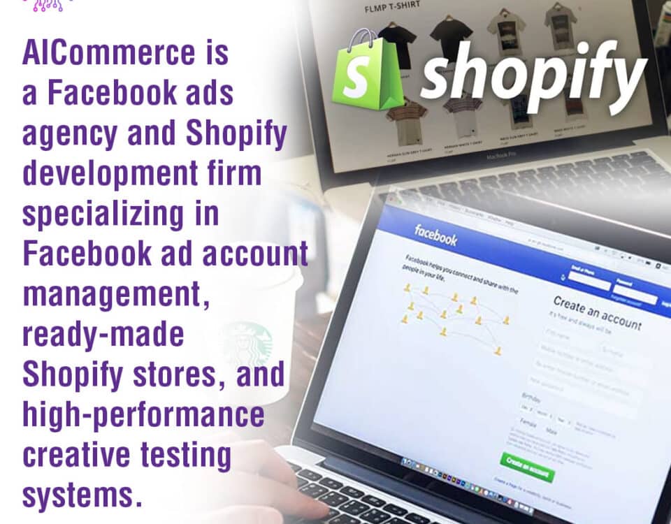 A laptop displaying a Shopify store and a smartphone showing Facebook, illustrating AICommerce's dual specialization.