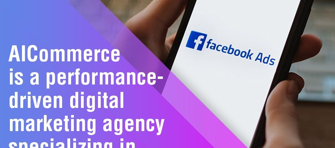 A hand holding a smartphone displaying the Facebook Ads logo, emphasizing AICommerce's focus on done-for-you Facebook ads.