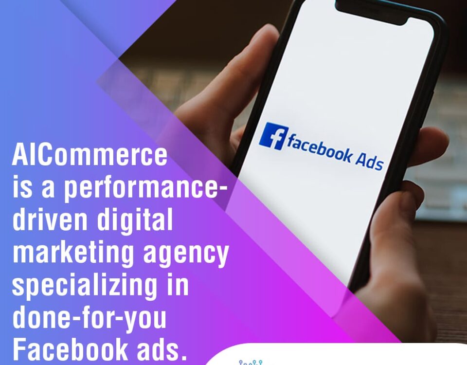 A hand holding a smartphone displaying the Facebook Ads logo, emphasizing AICommerce's focus on done-for-you Facebook ads.