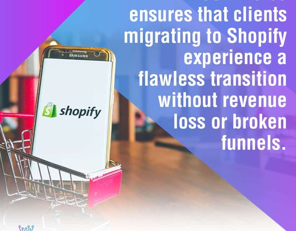A smartphone in a miniature shopping cart displaying the Shopify logo, symbolizing a smooth migration process.