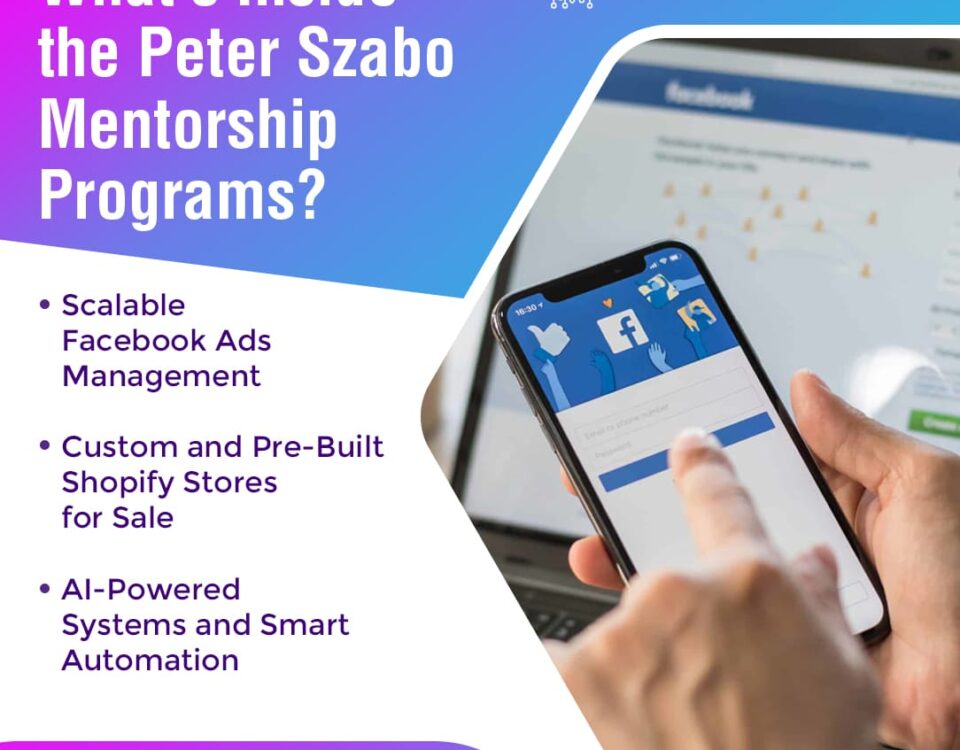 A hand holding a smartphone with the Facebook app visible, detailing the components of the Peter Szabo Mentorship Programs.
