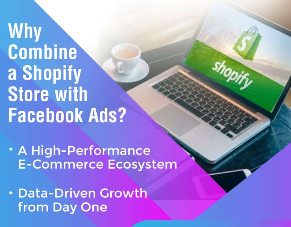 A laptop with the Shopify logo and a smartphone, symbolizing the powerful combination of a Shopify store and Facebook Ads.