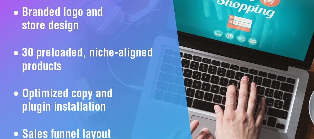 A laptop displaying an "Online Shopping" page with a person's hands on the keyboard.