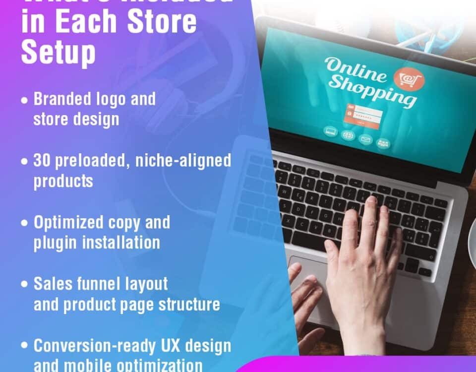 A laptop displaying an "Online Shopping" page with a person's hands on the keyboard.