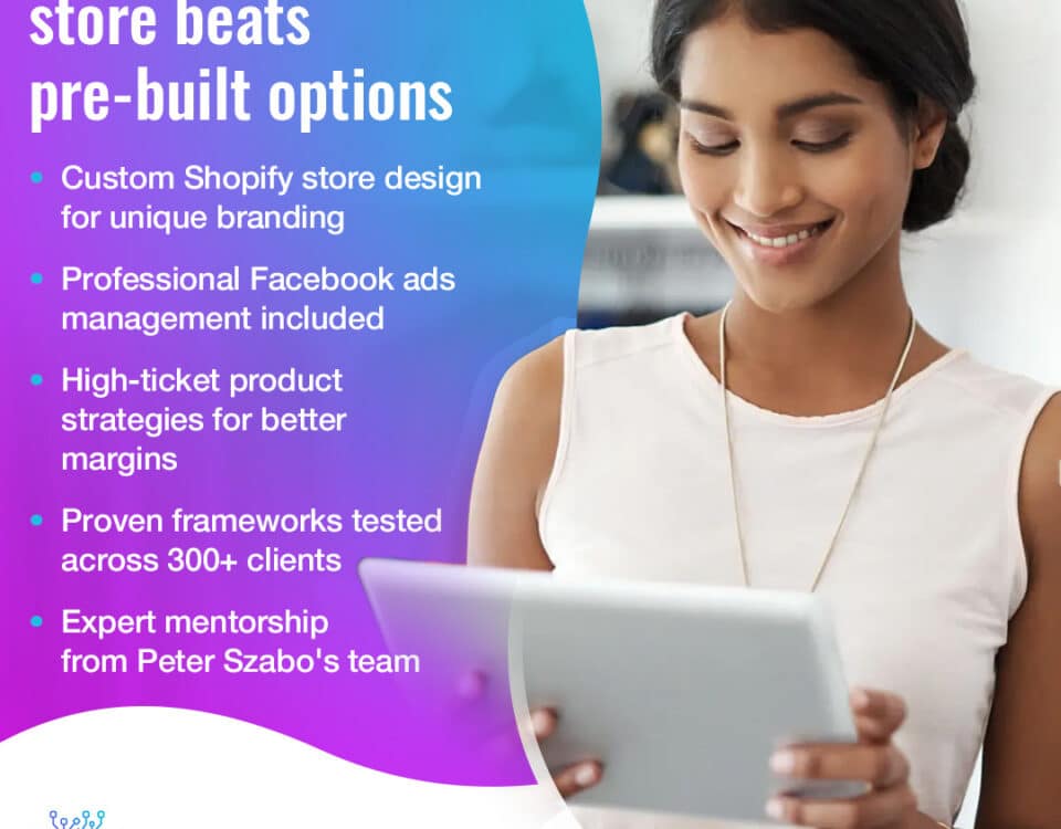 A smiling woman in a white sleeveless top looks down at a tablet she is holding. The text on the left explains "Why AICommerce's store beats pre-built options," listing benefits like custom Shopify design and professional Facebook ads management.