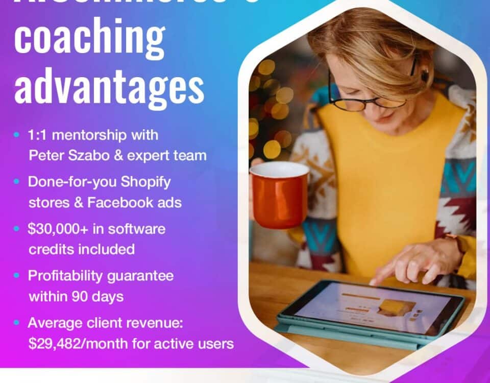 A woman in glasses and a yellow top sips from a red mug while looking at a tablet. Text highlights "AICommerce's coaching advantages" and benefits like 1:1 mentorship, done-for-you Shopify stores, and profitability guarantees.