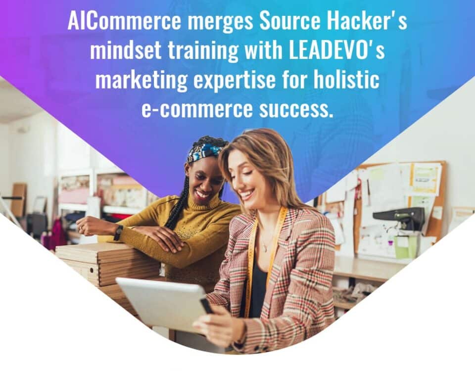 Two women, one with braided hair and a yellow sweater, and the other in a plaid blazer, smile while looking at a tablet. Text announces "Get the complete package!" with AICommerce merging mindset training and marketing expertise.