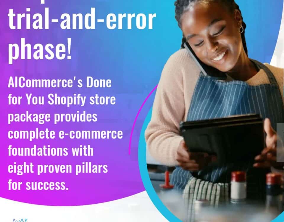 A woman in an apron talks on the phone while looking at a tablet in a cafe setting. Text advises to "Skip the trial-and-error phase!" with AICommerce's Done for You Shopify store package.