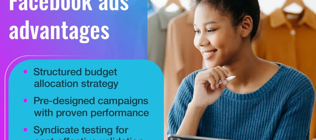 A young woman with curly hair, wearing a blue knitted top, smiles while holding a stylus and looking at a tablet. Text lists "AICommerce's Facebook ads advantages" including structured budget allocation and AI-powered growth.