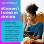 A young woman with curly hair, wearing a blue knitted top, smiles while holding a stylus and looking at a tablet. Text lists "AICommerce's Facebook ads advantages" including structured budget allocation and AI-powered growth.