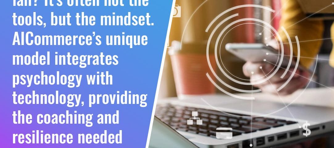 A person working on a laptop with a smartphone nearby, overlaid with digital icons representing e-commerce and business analytics. Text discusses why e-commerce ventures fail and how AICommerce integrates psychology and technology for Shopify success.