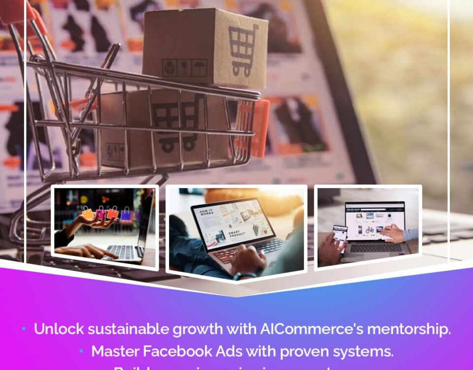 It shows two hands pointing at a screen displaying a sales funnel and analytics charts. The surrounding text emphasizes a data-driven approach, reliable suppliers, and support for Shopify.