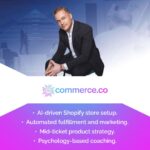 Graphic mentioning AIcommerce's Facebook Ads solution, coaching, and support for building income.