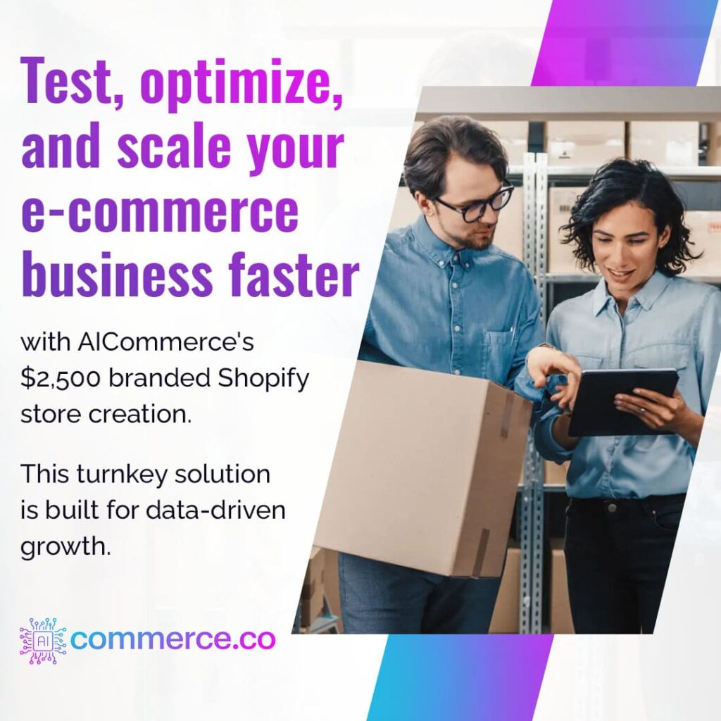 Graphic mentioning AIcommerce's Facebook Ads solution, coaching, and support for building income.