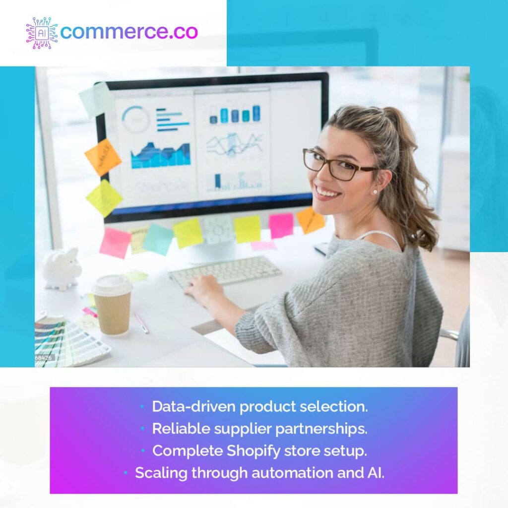 Promotional graphic describing the AIcommerce framework for building and scaling a data-driven Shopify business.