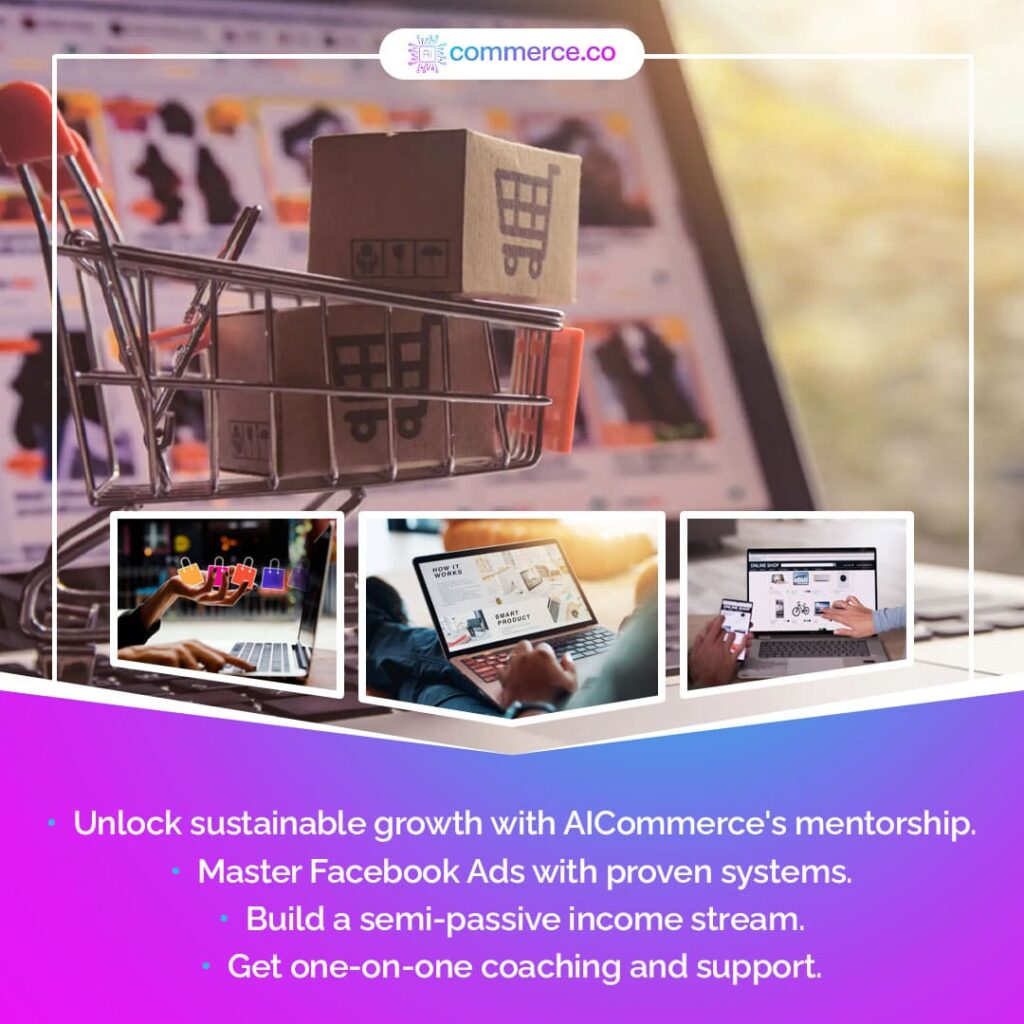 It shows two hands pointing at a screen displaying a sales funnel and analytics charts.