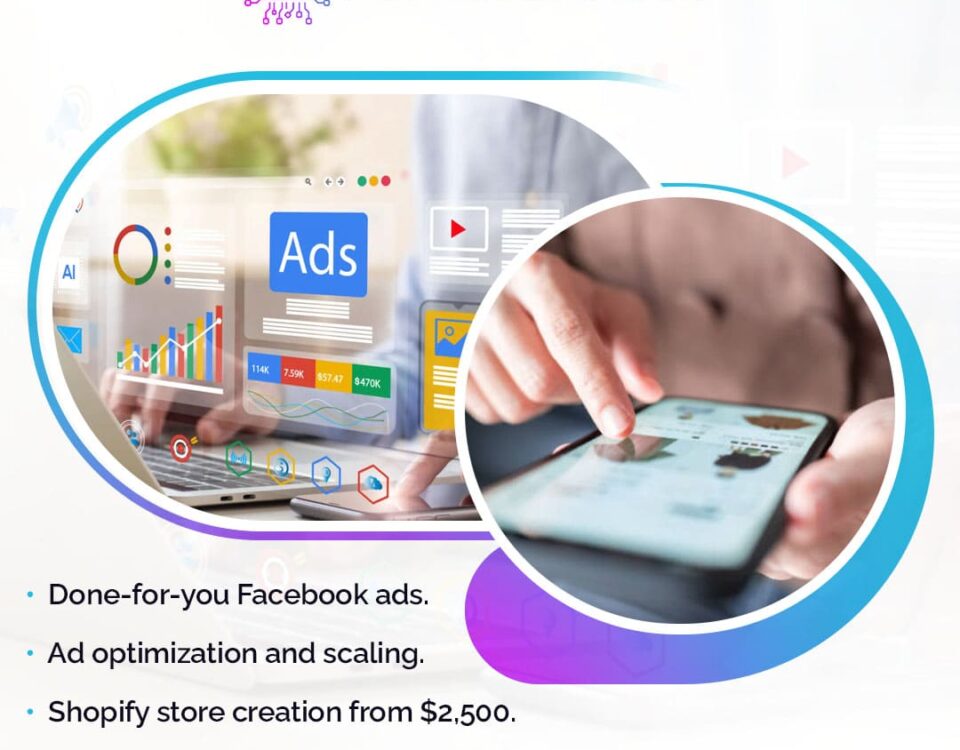 A promotional graphic collage showing different elements of e-commerce business: a man in a suit, a woman working, a person viewing ads data on a laptop, and a miniature shopping cart with boxes.