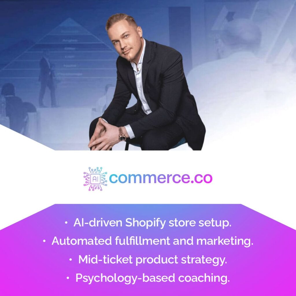 Graphic mentioning AIcommerce's Facebook Ads solution, coaching, and support for building income.