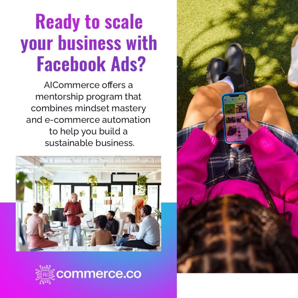 A collage promoting AIcommerce's solution for scaling a Shopify business, featuring an image of a man in a suit, a woman working on a laptop with a camera, a person pointing at a laptop screen showing 'ADS' and analytics, and a shopping cart with product boxes.