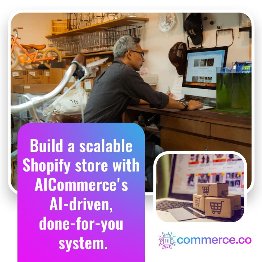Text-focused graphic announcing AIcommerce's launch of an AI-Driven Facebook Ads and Shopify Store System.