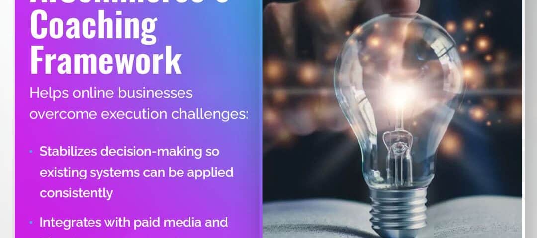 A promotional graphic for "AICommerce's Coaching Framework" against a purple and blue gradient background. To the right, an image shows a hand placing a glowing lightbulb onto an open book, symbolizing enlightenment or a "bright idea."