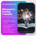 A promotional graphic for "AICommerce's Coaching Framework" against a purple and blue gradient background. To the right, an image shows a hand placing a glowing lightbulb onto an open book, symbolizing enlightenment or a "bright idea."