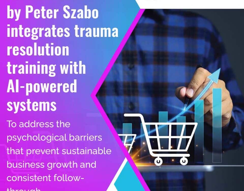 A promotional graphic for "AICommerce by Peter Szabo." The left side features a purple background with white text stating that the program "integrates trauma resolution training with AI-powered systems" to help entrepreneurs overcome psychological barriers to growth.