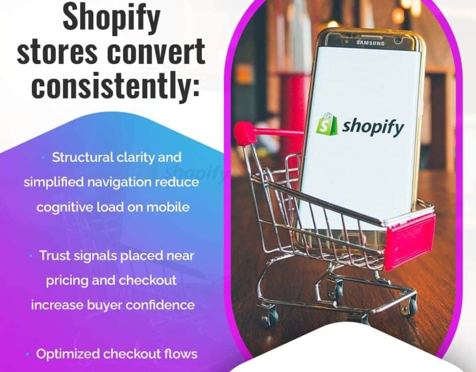 An infographic from AICommerce analyzing what makes Shopify stores convert consistently. The image features a smartphone with the Shopify logo inside a miniature red shopping cart.
