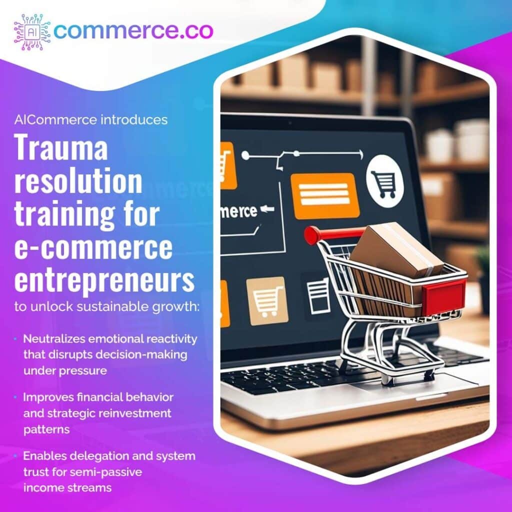 Promotional graphic for AICommerce introducing trauma resolution training for e-commerce entrepreneurs. The image features a laptop with a shopping cart icon on the screen and a physical miniature shopping cart on the keyboard, set against a purple and teal background.